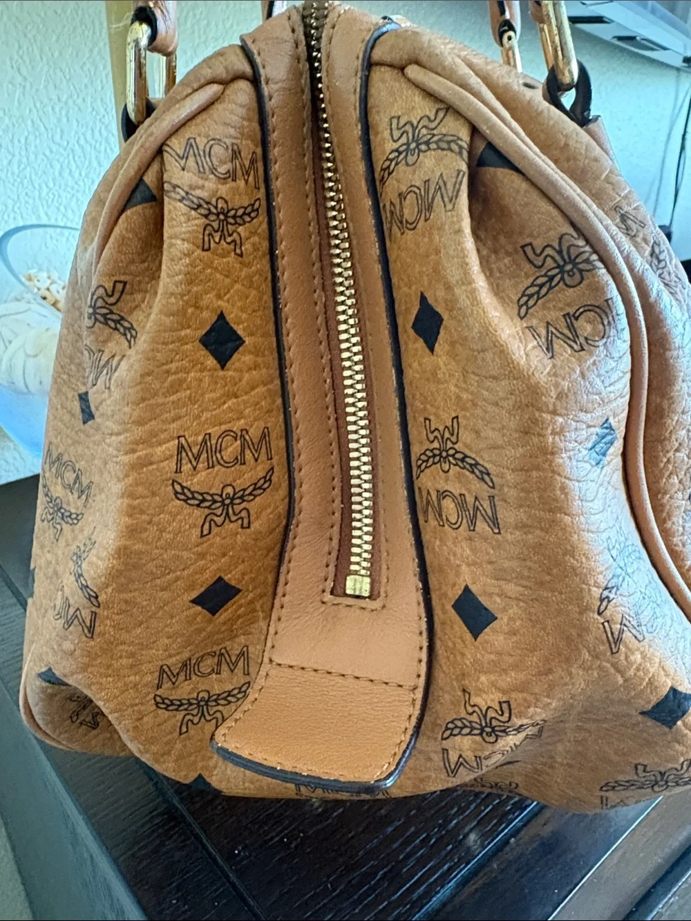 MCM Tan Cognac Logo Visetos Satchel with Gold Hardware